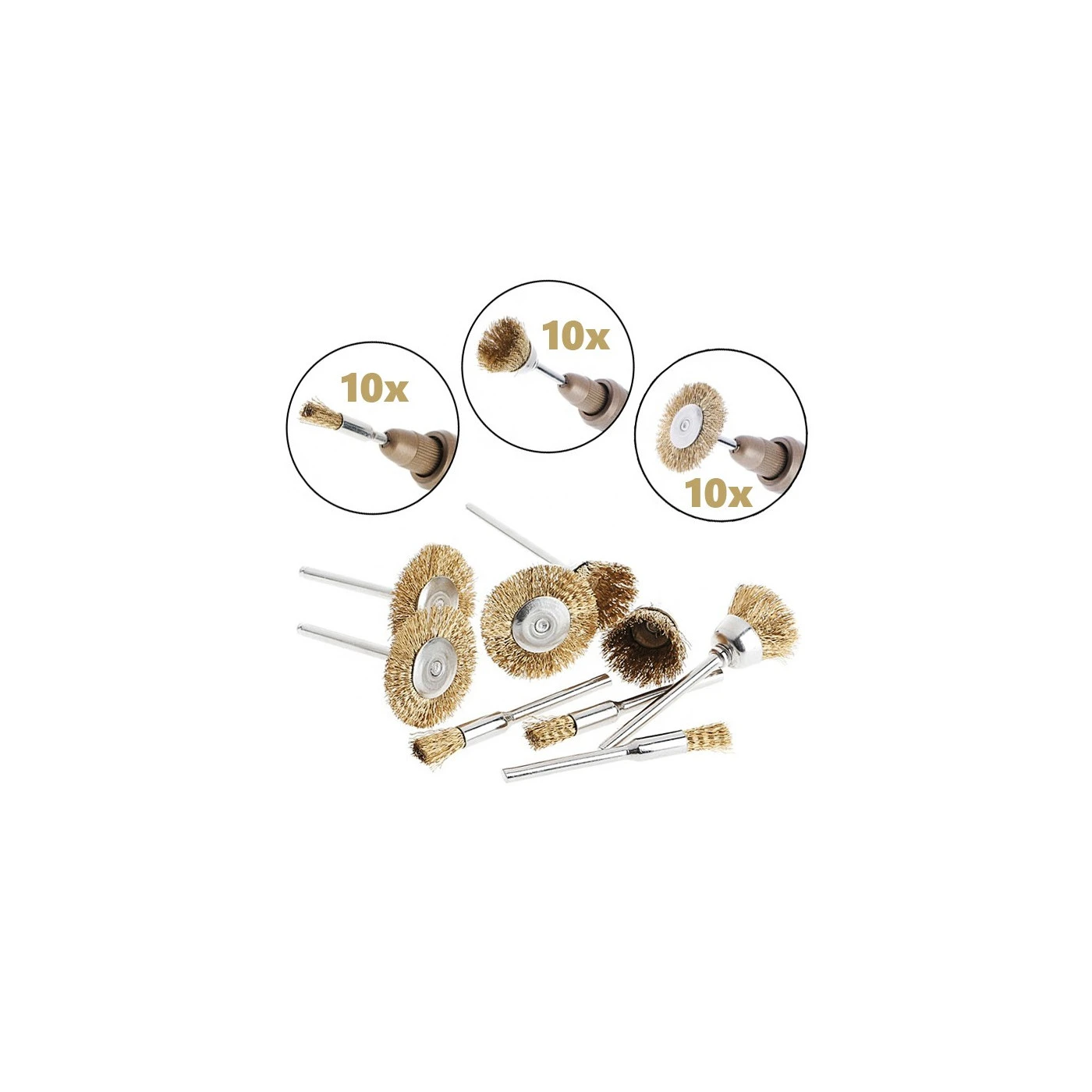 Set Of 30 Brass Wire Brushes, 3 Shapes (3 Mm Shank) 1 Set Of 30 Brass Wire Brushes, 3 Shapes (3 Mm Shank)